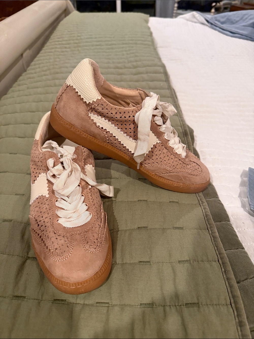 Dolce via Women’s Suede Lace-Up Sneaker in tan and Cream